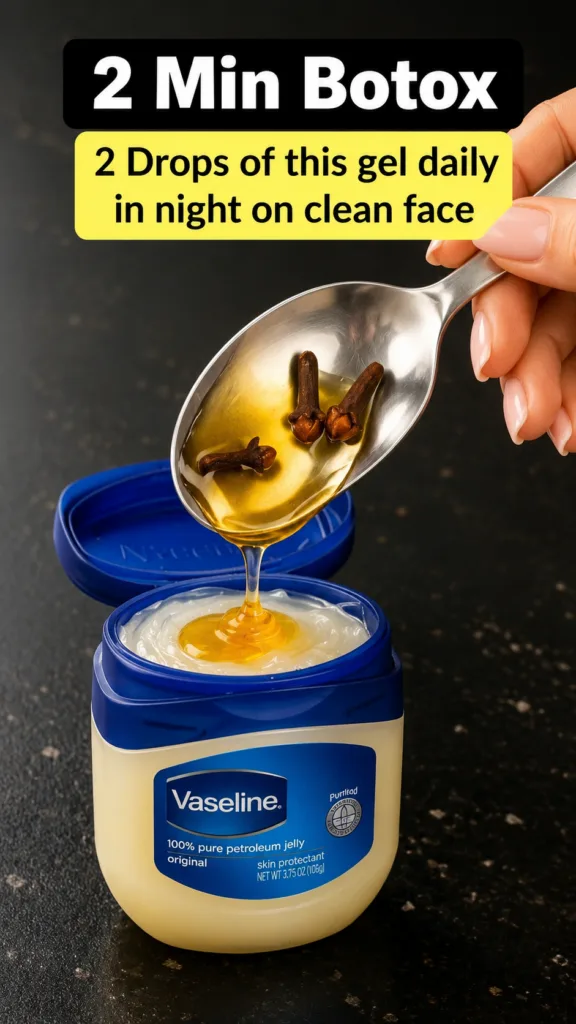 A hand holding a silver spoon pouring golden honey with three cloves into an open tub of Vaseline overhead shot on a dar