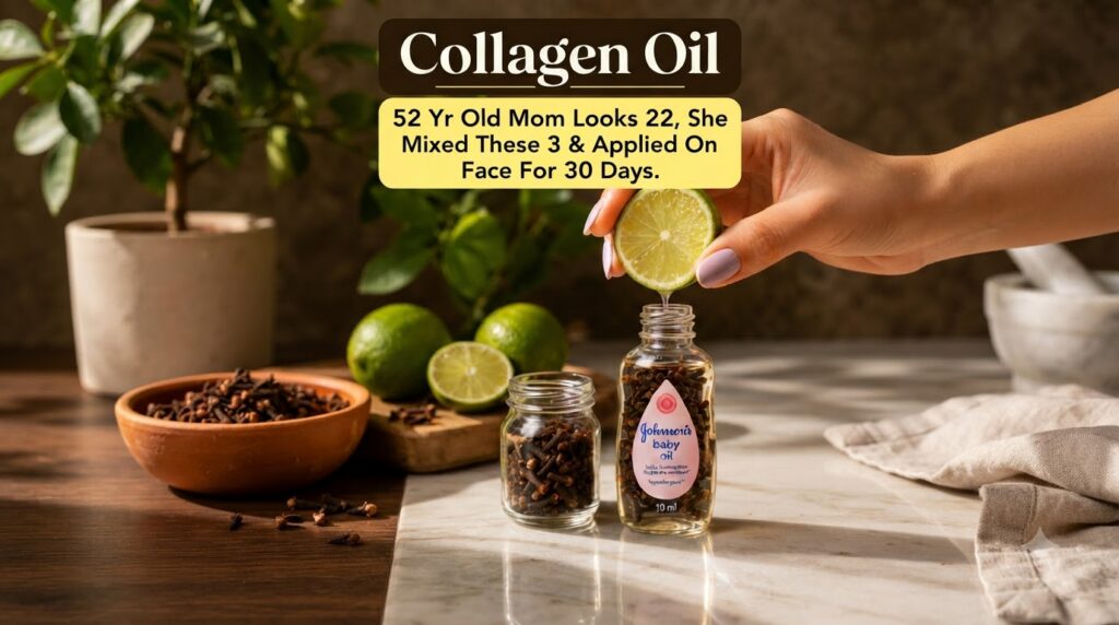 A hand gently squeezing a cut lime with juice dripping into a small bottle of baby oil containing cloves A glass jar of 
