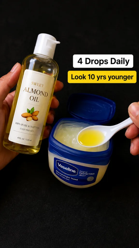 Two hands preparing a skincare mixture One hand holds a bottle of sweet almond oil while the other hand holds a spoon wi