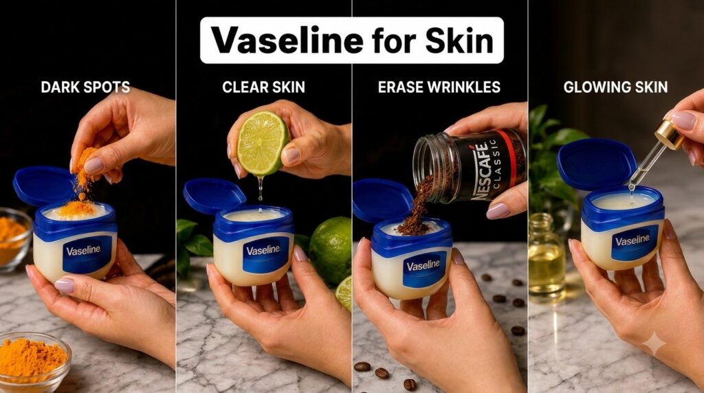 A four-panel grid showcasing various DIY Vaseline skincare hacks Each panel features hands mixing a natural ingredient t