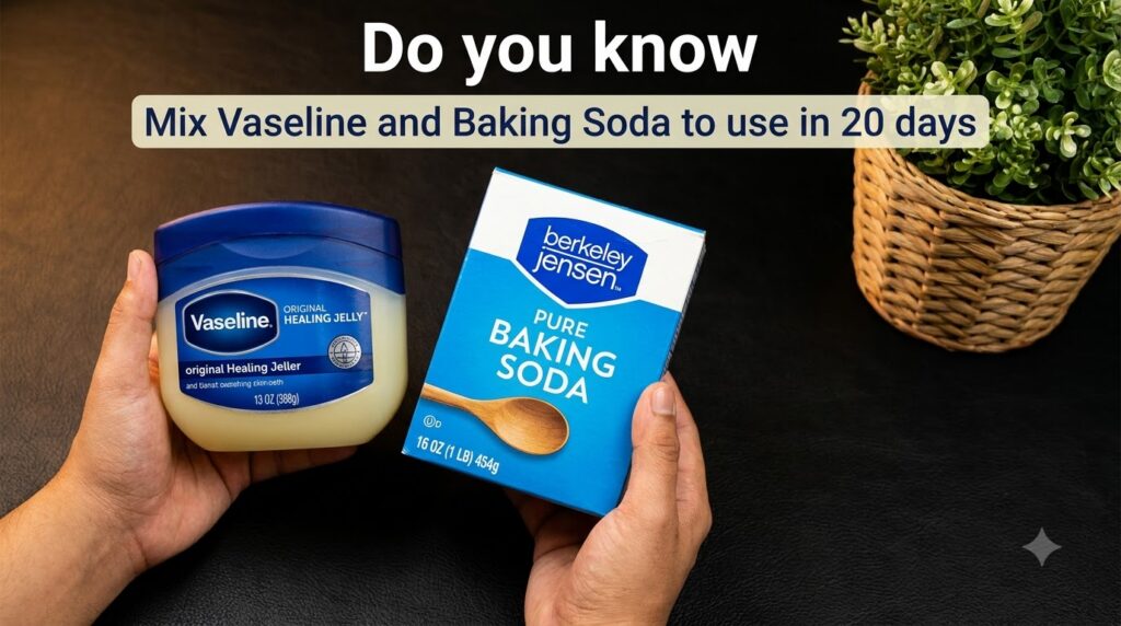 Hands holding a jar of Vaseline and a box of baking soda against a dark textured background with a small green plant in