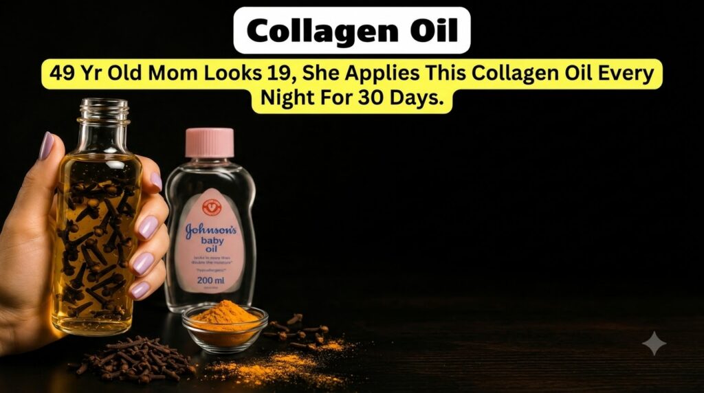 A hand holding a clear glass bottle filled with golden oil infused with clove buds In the blurred background there s a J