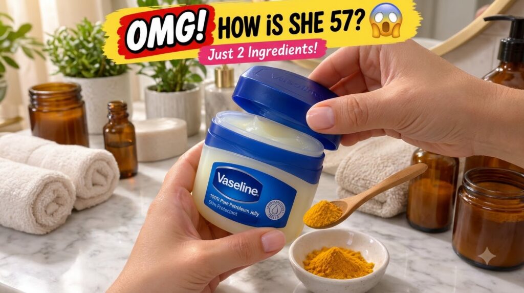 Hands holding an open jar of Vaseline Petroleum Jelly next to a small bowl of turmeric powder on a bathroom counter The 
