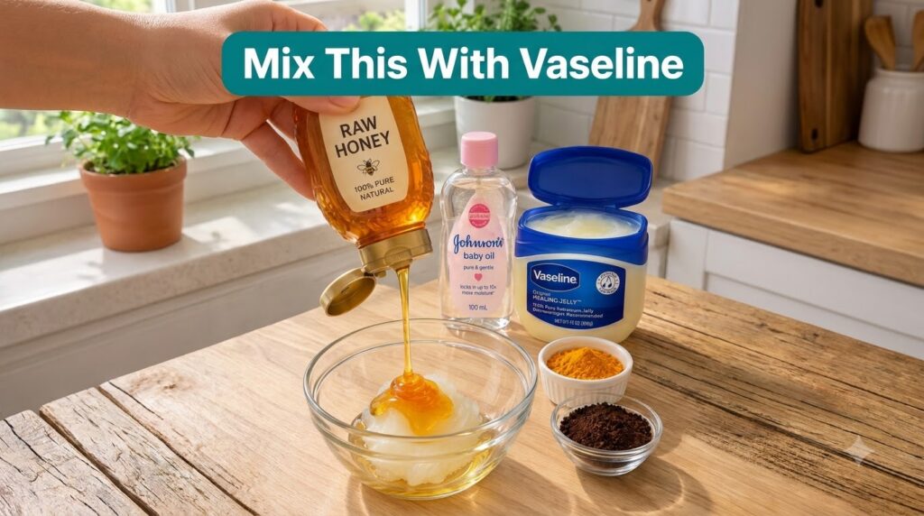 A close-up of various DIY beauty ingredients laid out on a rustic wooden countertop A hand is gently pouring golden hone