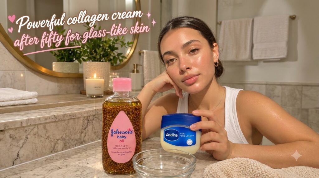A young woman with radiant glowing skin with Vaseline and Johnson s baby oil on a bathroom counter in the foreground A l