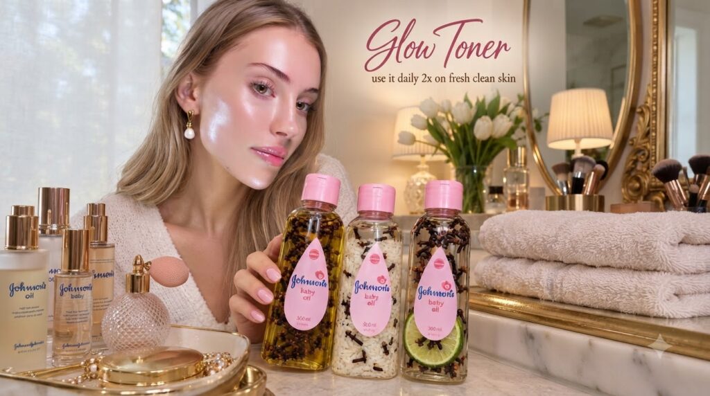 A woman with luminous glowing skin smiling gently while holding a homemade beauty product with natural ingredients in a 