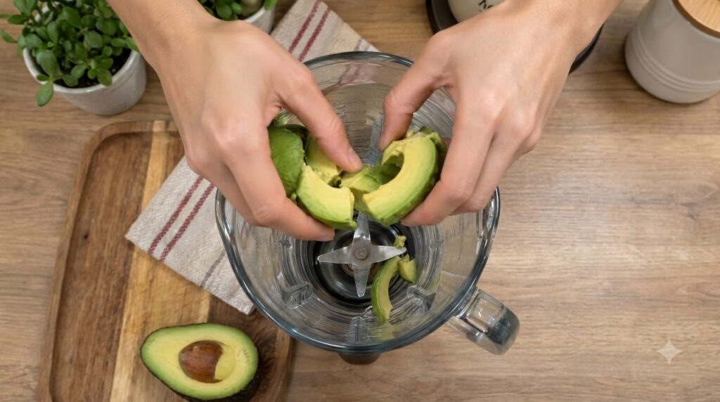 Hands preparing a ripe avocado for blending with avocado slices already in a clear blender The scene is set on a warm wo