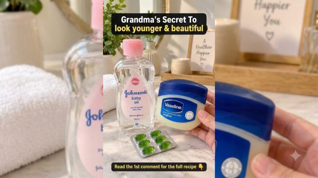 A close-up shot of the three main ingredients a bottle of Johnson s baby oil a jar of Vaseline petroleum jelly and a bli