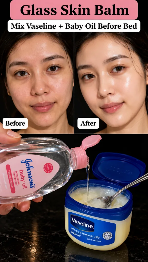 A before and after collage showing a woman s face transforming from normal skin to glass skin with a radiant dewy comple