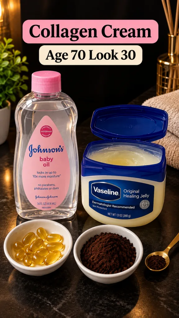 Ingredients for a DIY beauty solution on a dark surface featuring Johnson s baby oil Vaseline yellow softgel capsules an