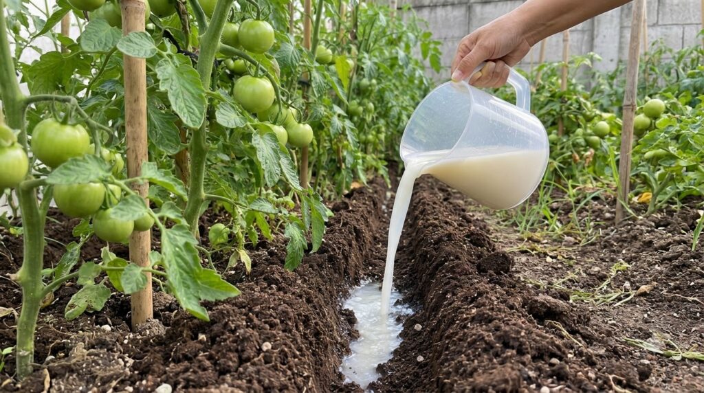 A hand pouring a milky white liquid from a clear jug into the soil near lush green tomato plants with unripe green tomat