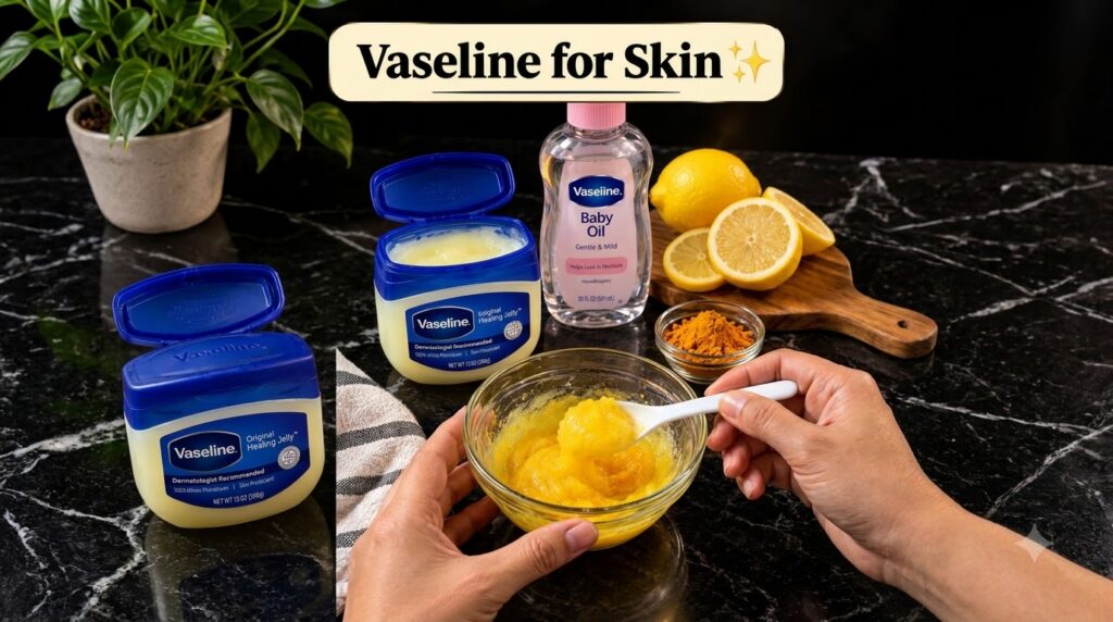 Hands stirring a yellow mixture of Vaseline lemon and turmeric in a glass bowl on a dark countertop with ingredients lik