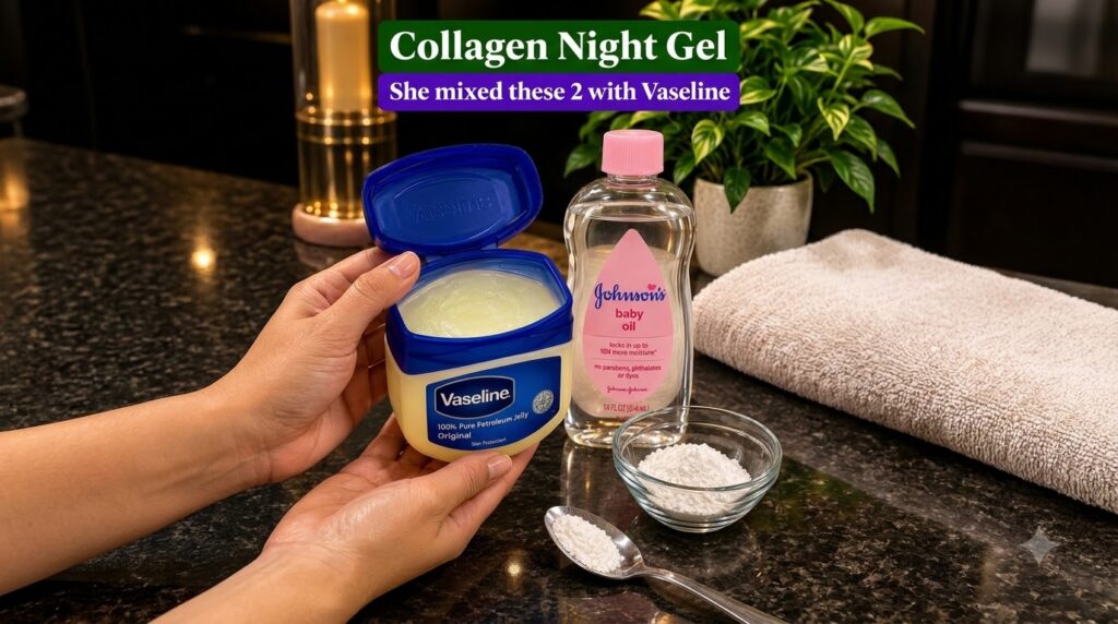 Hands holding an open jar of Vaseline a bottle of baby oil a small glass bowl of white powder and a spoon with white pow
