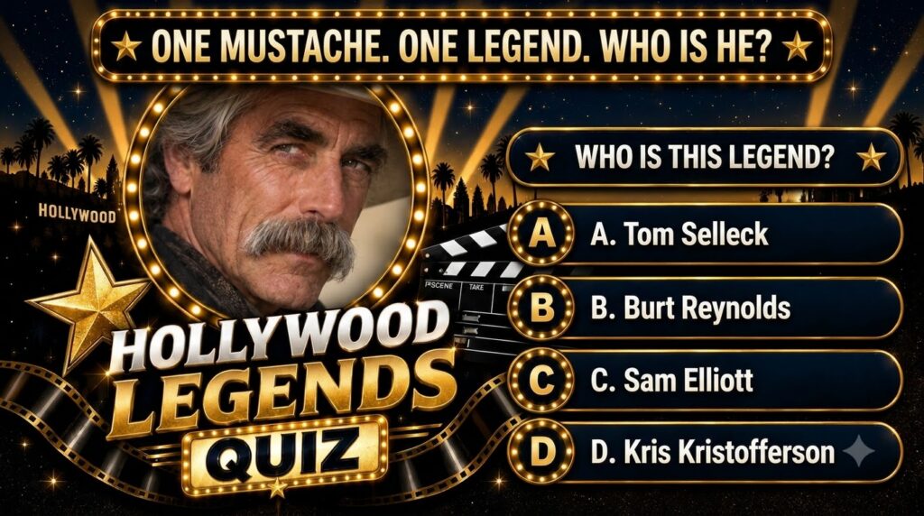 A Hollywood Legends Quiz graphic featuring a portrait of Sam Elliott in a circular marquee against a dark starry Hollywo