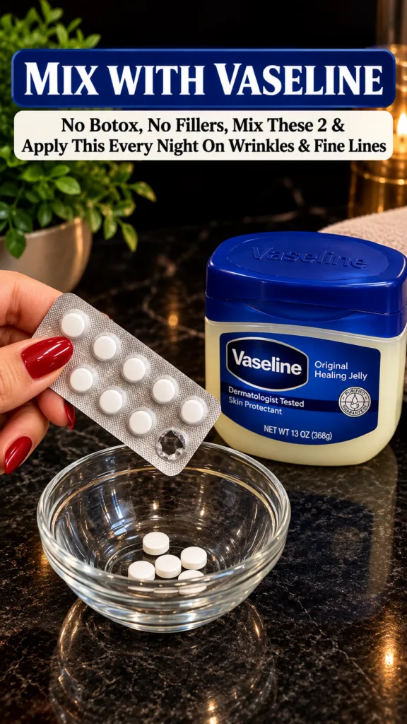 A hand holding a blister pack of white pills over a small glass bowl containing more pills with a tub of Vaseline Origin