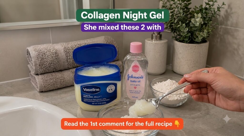 A hand is scooping petroleum jelly onto a mound of white powder in a clear bowl with a large tub of Vaseline and a bottl