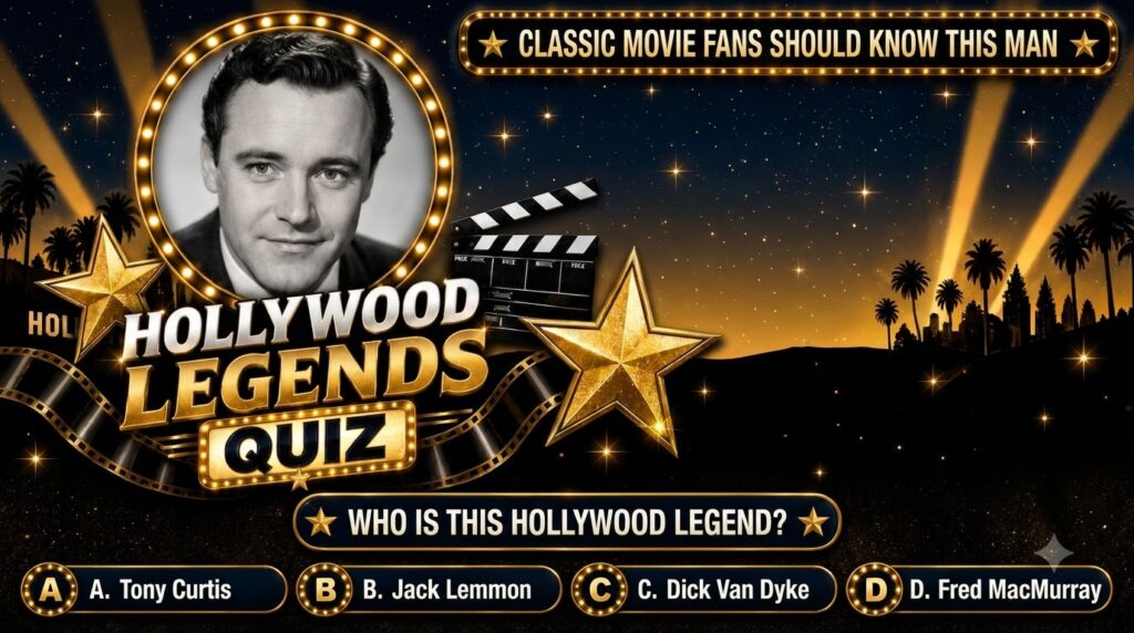 A black-and-white portrait of a classic male actor Gene Kelly within a luminous circular frame against a star-studded ni
