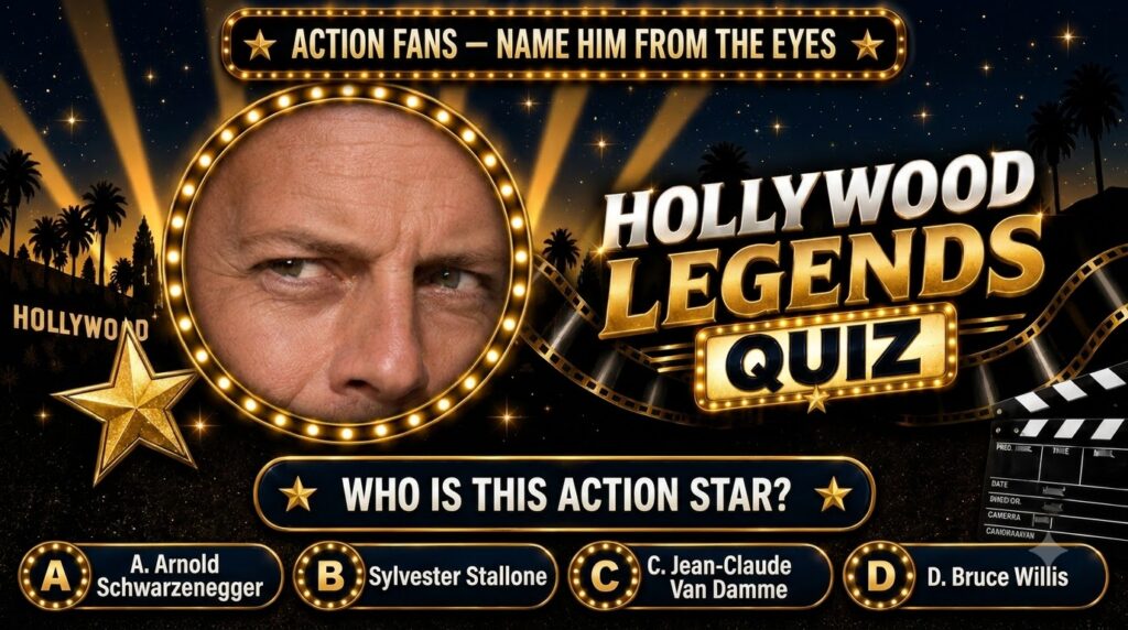 A vibrant quiz graphic featuring a close-up of a man s eyes and forehead framed by a circular marquee light Below bold g
