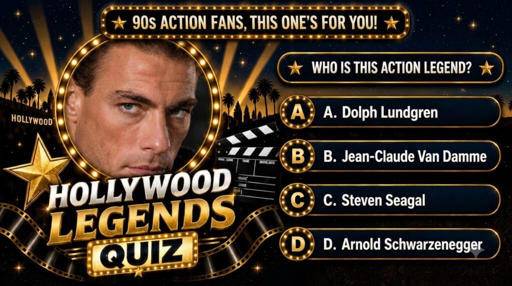 A close-up of Jean-Claude Van Damme s face within a golden bulb-lit circular frame set against a starry night sky with p