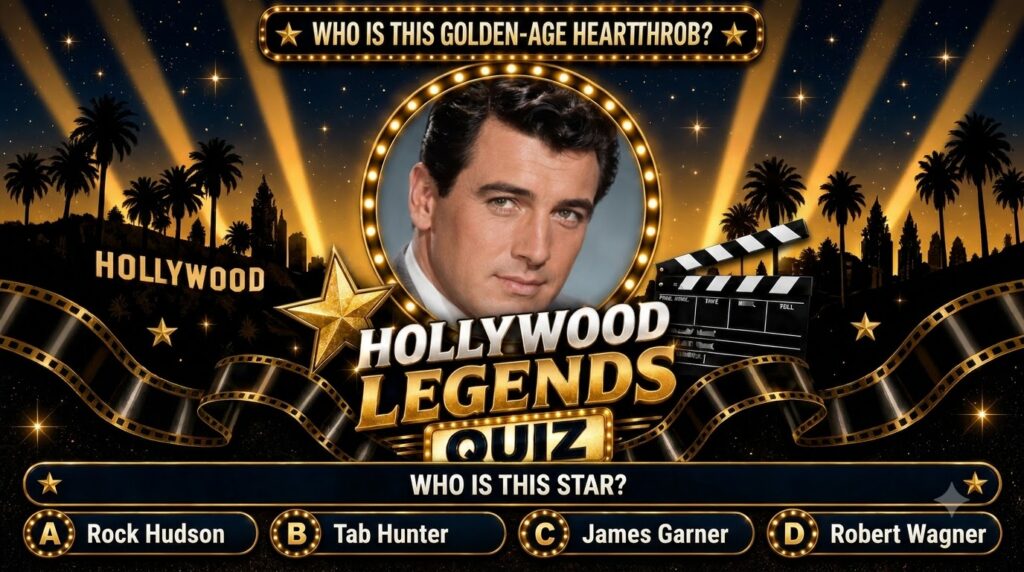 A quiz poster featuring a portrait of Rock Hudson in a circular marquee with Hollywood Legends Quiz title and Golden Age