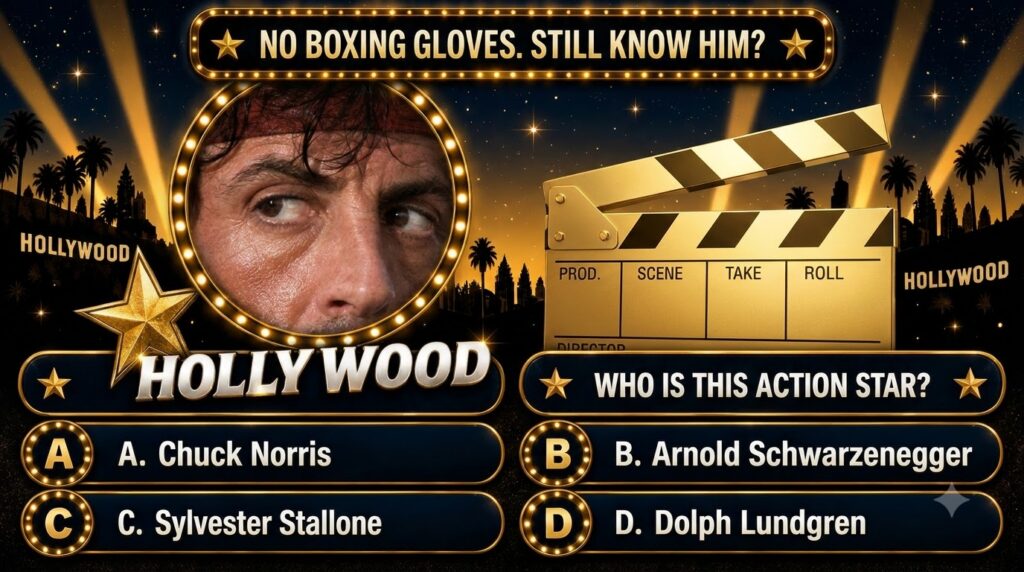 Close-up of actor Sylvester Stallone looking rugged and sweaty as featured in a Hollywood Legends Quiz poster