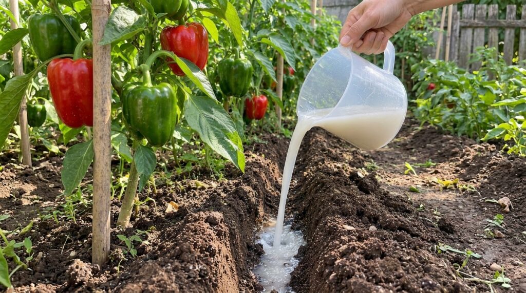 A close-up shot of a hand pouring a white liquid from a clear measuring cup into a soil trench near a healthy bell peppe