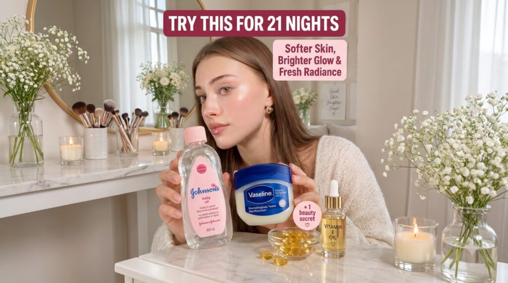 A young woman holding a bottle of Johnson s baby oil and a tub of Vaseline with vitamin E capsules and oil on a vanity t