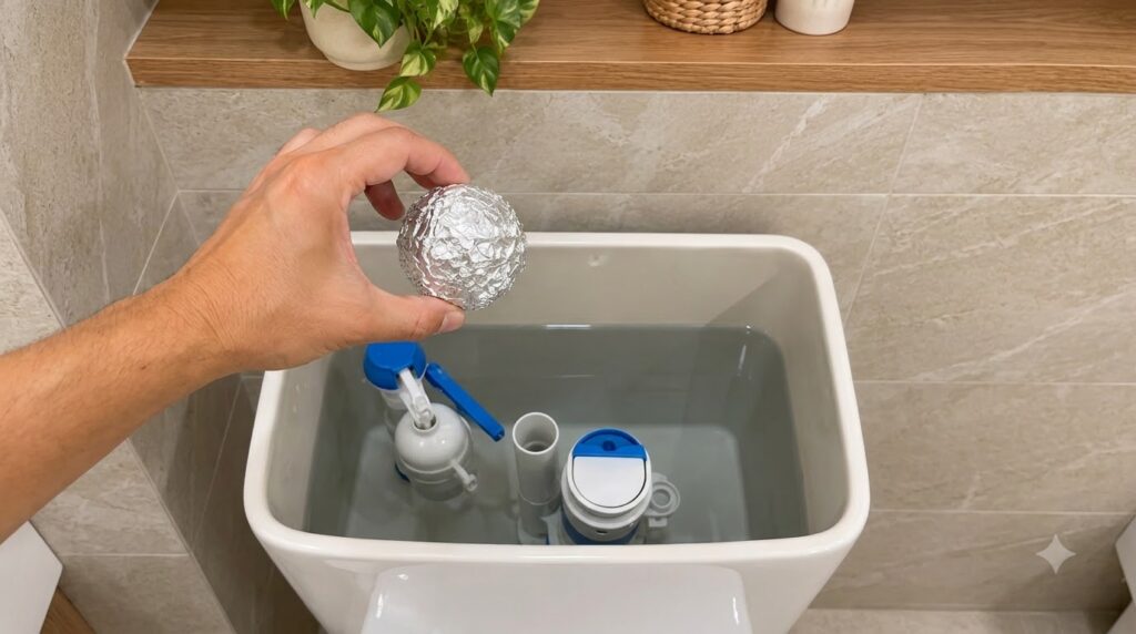 A hand holding a crumpled aluminum foil ball directly above the water inside a toilet tank showing the flushing mechanis