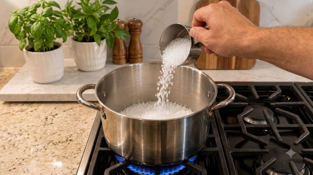 Close-up of a hand pouring numerous small white granular pellets soy wax flakes from a metal measuring cup into a large 