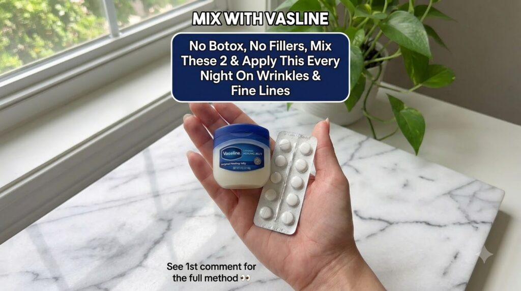 A hand holding a small jar of Vaseline and a blister pack of white pills with a blurred window and green plant in the ba