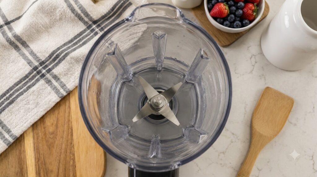 A clean empty blender jar with visible stainless steel blades and water droplets suggesting it s freshly rinsed with blu