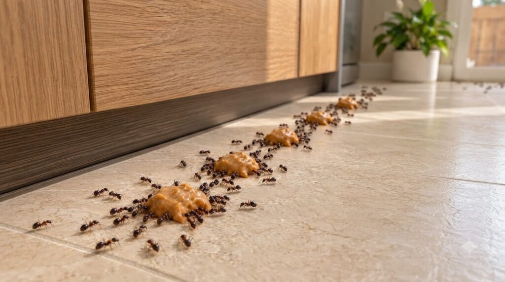 Trail of ants leading to piles of a viscous tan substance likely bait or food on a light-colored tile floor with sunligh