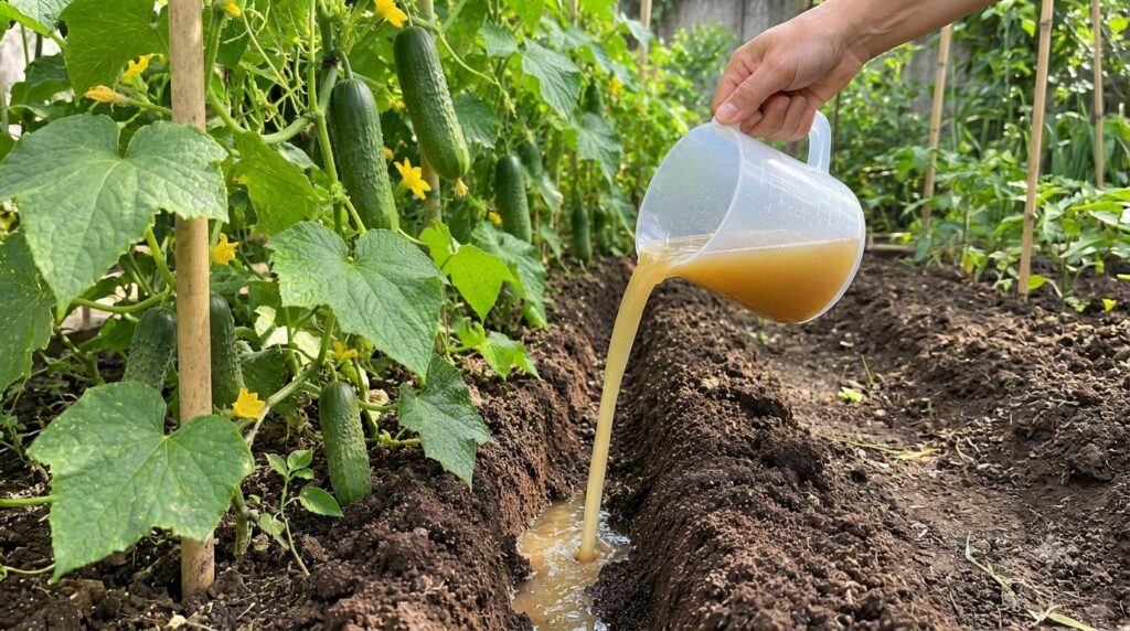 A close-up of a hand pouring brownish liquid kelp solution from a clear measuring cup into a trench in rich soil with vi