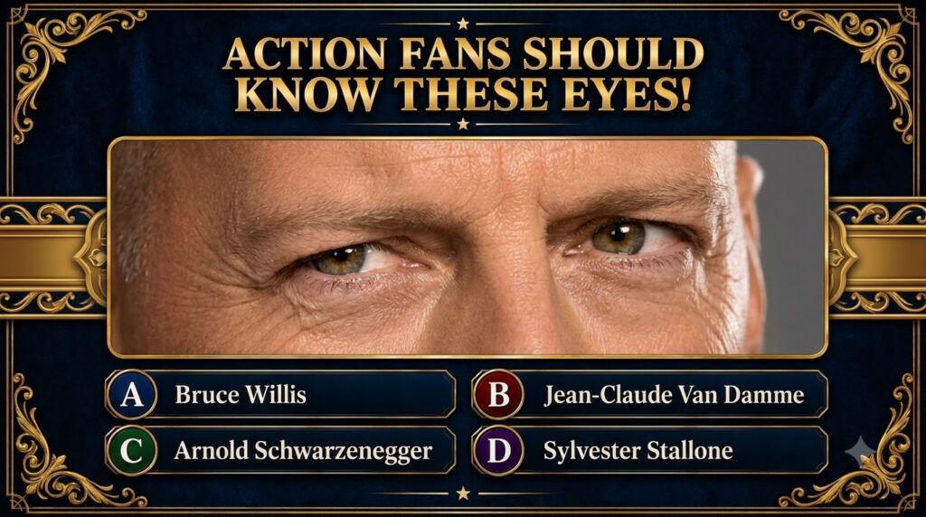 A vertical quiz card with a dark blue background and ornate gold framing featuring a close-up of Bruce Willis s eyes and