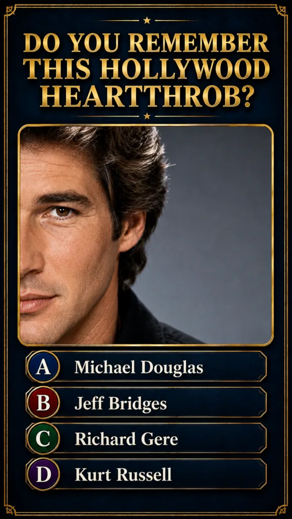 A deep blue and gold ornate quiz card asking DO YOU REMEMBER THIS HOLLYWOOD HEARTTHROB It features a close-up portrait o