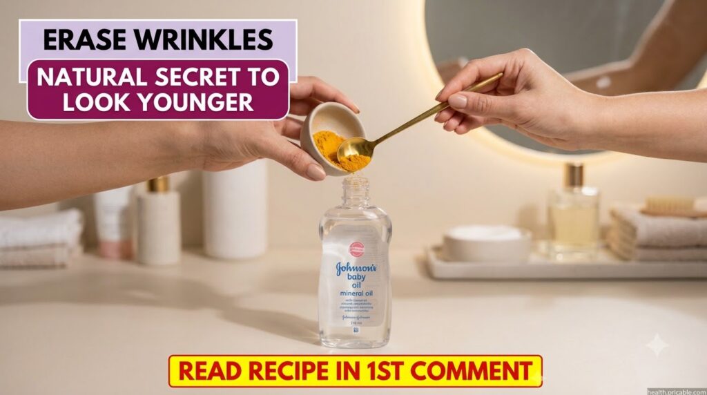 Hands pouring turmeric powder into a baby oil bottle