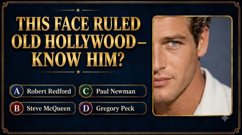 Close-up portrait of a man with striking blue eyes and wavy hair as seen in a quiz graphic asking THIS FACE RULED OLD HO