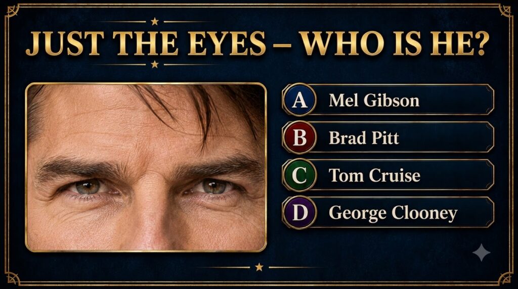 A quiz card showing a close-up of Tom Cruise s eyes and forehead against a dark blue background with gold borders posing