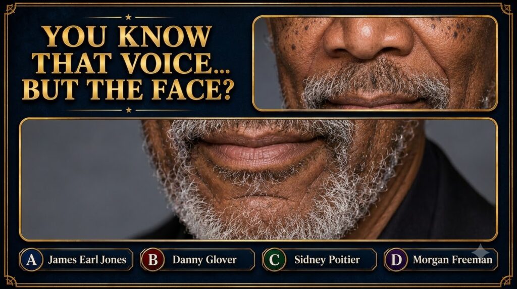 A quiz image showing a close-up of Morgan Freeman s lower face with a white beard and mustache framed by golden borders 
