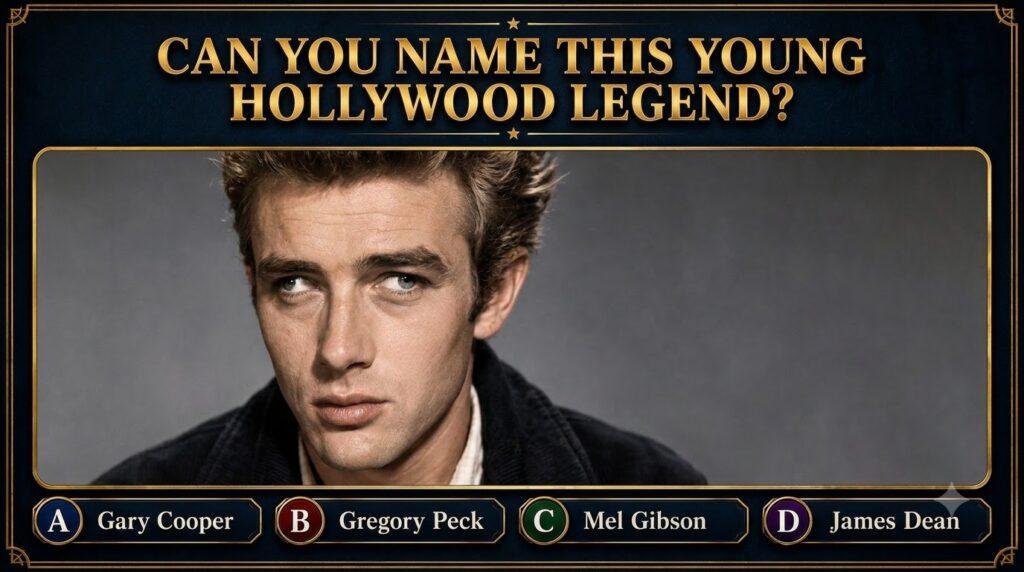 A quiz card asking CAN YOU NAME THIS YOUNG HOLLYWOOD LEGEND with a close-up portrait of James Dean