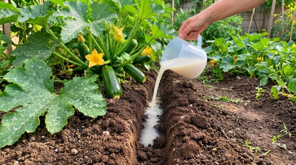 A hand pouring diluted milk water from a measuring cup into the soil around a healthy zucchini plant with large leaves y