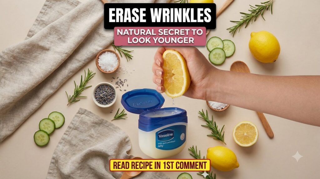 A hand squeezing a fresh lemon with drops falling into an open jar of Vaseline Petroleum Jelly The flat lay includes nat