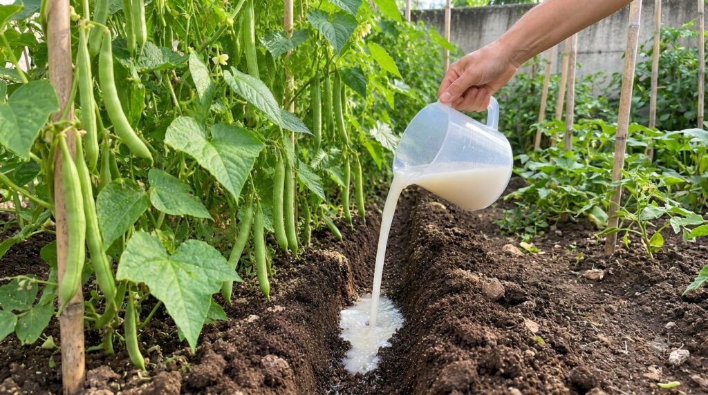 A close-up low-angle shot of a hand pouring a milky liquid from a measuring cup into a freshly dug furrow in dark soil T