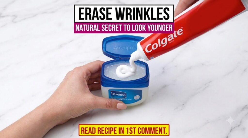 A hand holding an open tub of Vaseline petroleum jelly on a marble surface with a tube of toothpaste squeezing white pas