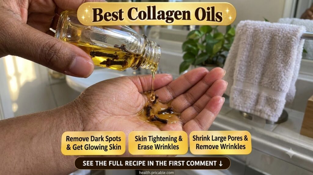 A person s hand pouring golden clove-infused oil from a small glass bottle into their cupped palm in a bathroom setting