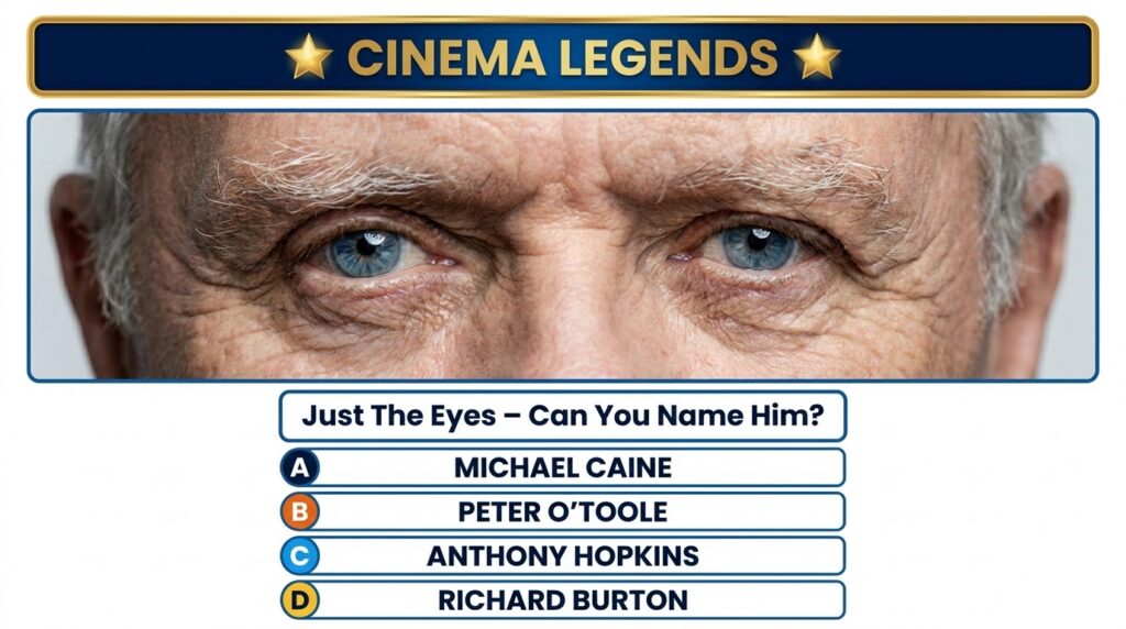 A close-up of intense blue eyes belonging to an elderly man set against a blurred background with a quiz question about
