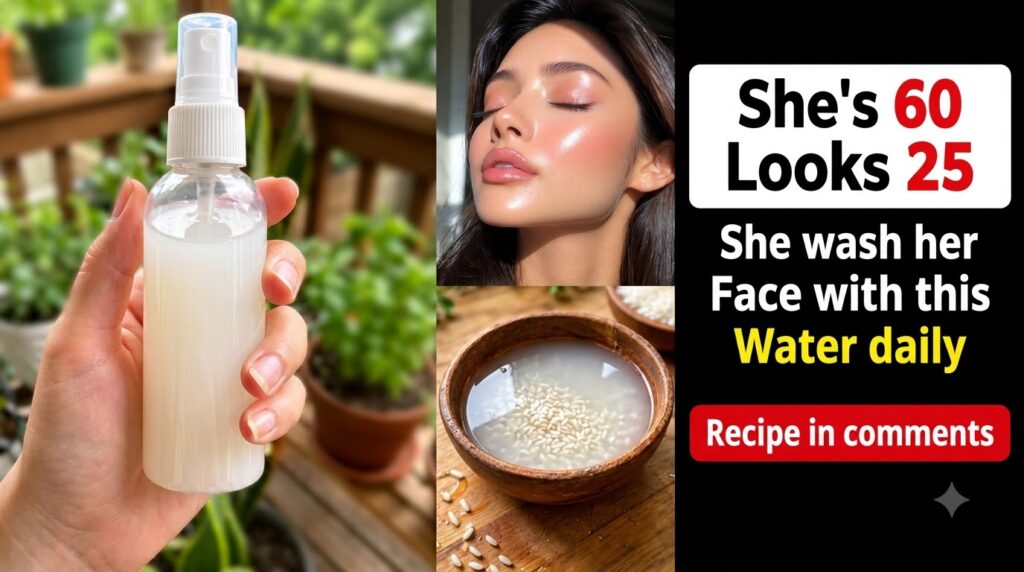 A 2x2 grid collage showcasing rice water beauty Top-left hand holding a spray bottle with milky liquid Top-right close-u