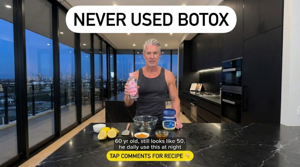 A 60-year-old man in a modern kitchen holding a bottle of baby oil On the counter are Vaseline sliced lemons turmeric an