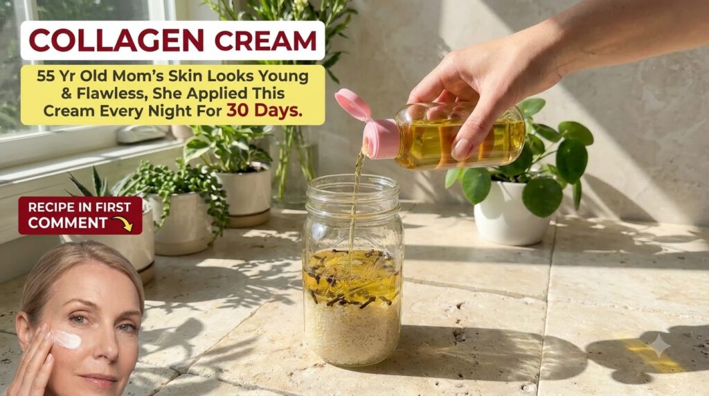A hand pouring golden oil into a glass jar filled with white rice and dark cloves on a light countertop