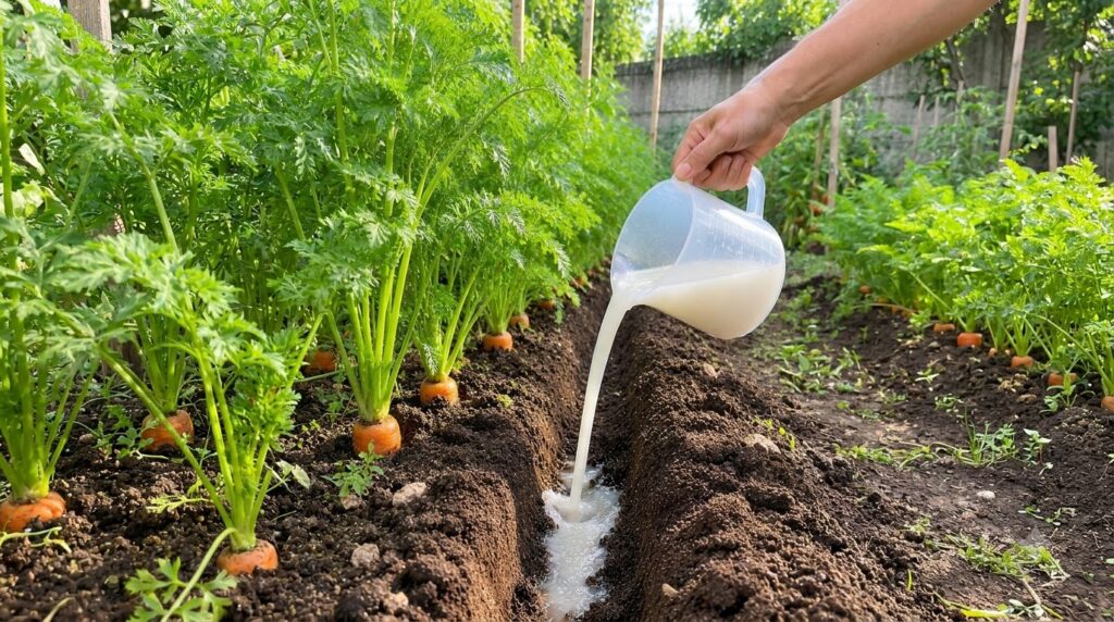 A hand pouring a milky white liquid from a measuring jug into a freshly tilled trench in a garden with vibrant green car
